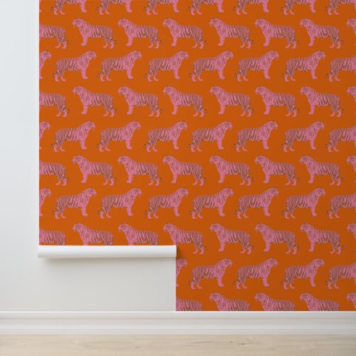 Cute Boho Orange and Pink Tiger Art Pattern Wallpaper