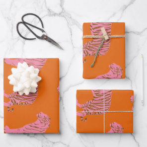 Cute Boho Orange and Pink Tiger Art Pattern Wrapping Paper Sheets