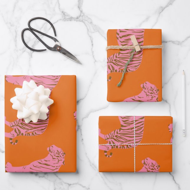 Cute Boho Orange and Pink Tiger Art Pattern Wrapping Paper Sheets (Front)