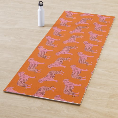 Cute Boho Orange and Pink Tiger Art Pattern Yoga Mat