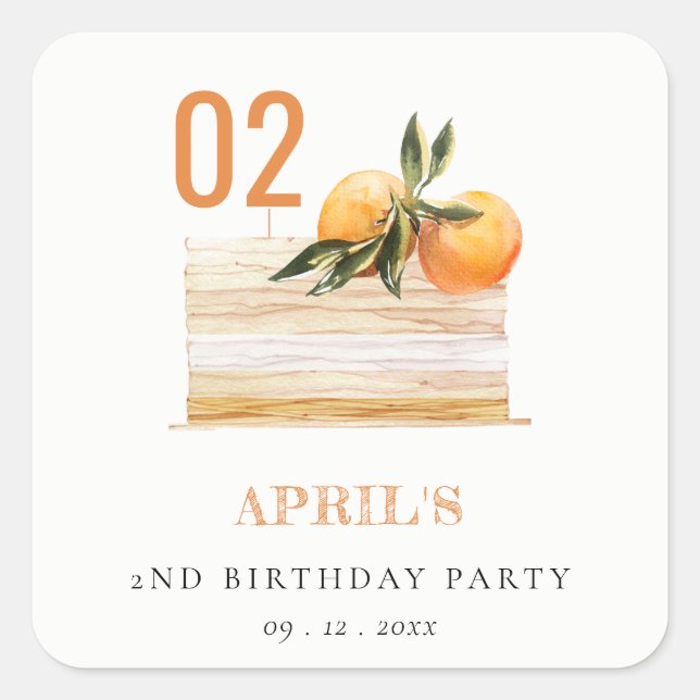 Cute Boho Orange Fruit Cake Any Age Birthday Square Sticker (Front)