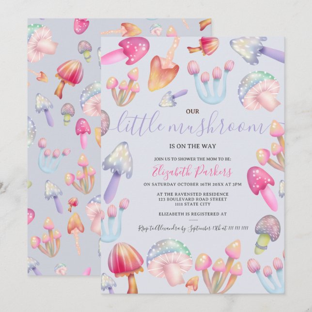 Cute boho pastel mushrooms watercolor baby shower invitation (Front/Back)