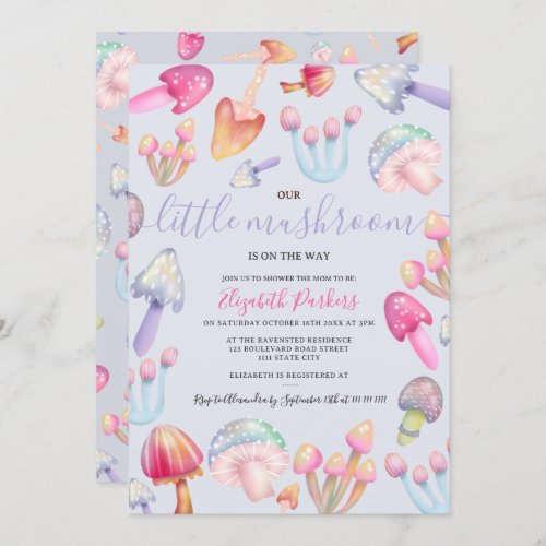 Cute boho pastel mushrooms watercolor baby shower invitation