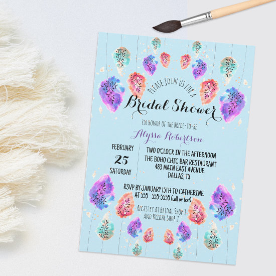 Cute Boho Pastel Watercolor Foliage Bridal Shower 