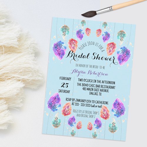 Cute Boho Pastel Watercolor Foliage Bridal Shower  Invitation