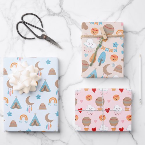 Cute Boho Patterns on Blue Brown and Pink Wrapping Paper Sheets