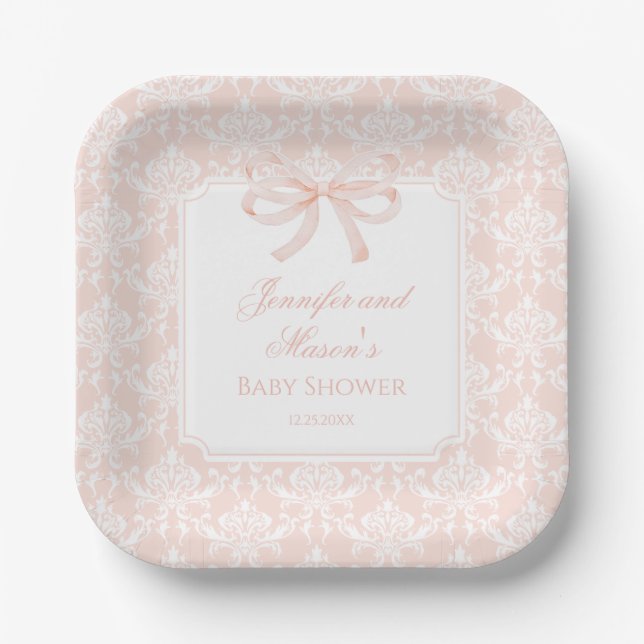 Cute boho pink bow ribbon baby girl shower paper plates (Front)