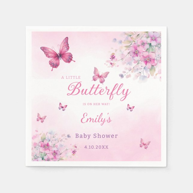 Cute Boho Pink Butterfly Floral Girl baby Shower Napkins (Front)