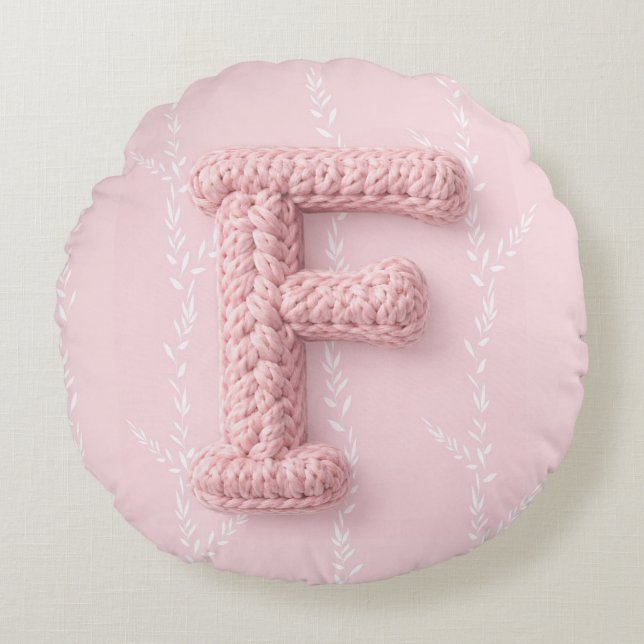 Cute boho pink crocheted letter F Round Pillow (Front)