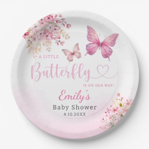 Cute Boho Pink Floral Butterfly Girl Baby Shower Paper Plates