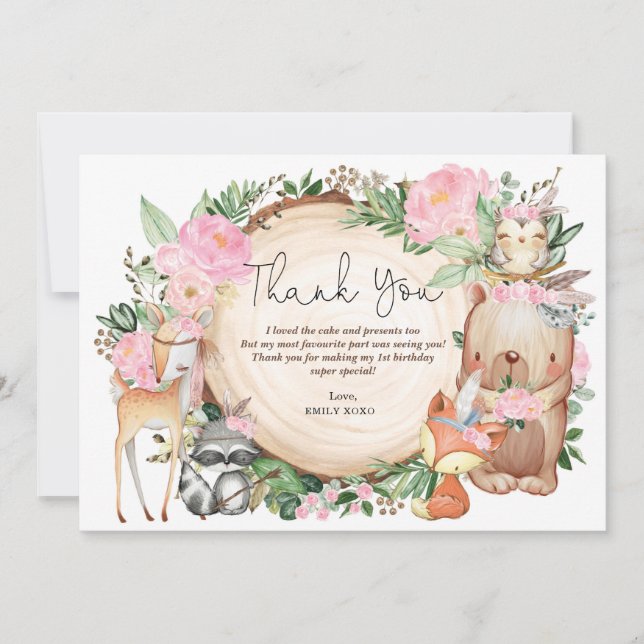 Cute Boho Pink Floral Tribal Woodland Birthday Thank You Card (Front)