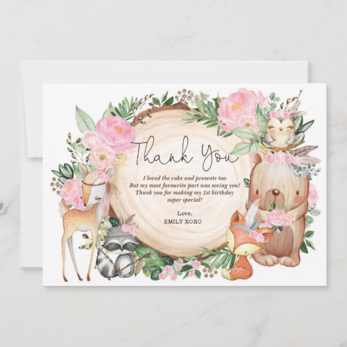 Cute Boho Pink Floral Tribal Woodland Birthday Thank You Card