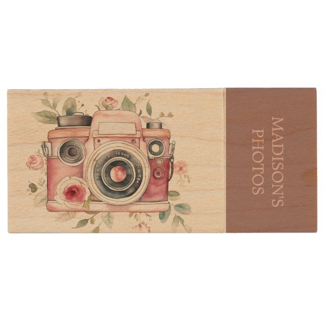 Cute Boho Pink Flowers Camera Art Personalised Wood Flash Drive (Front)