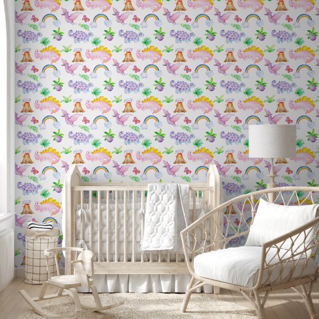 Cute Boho Pink & Purple Dinosaurs Rainbows Nursery Wallpaper (Kids)