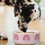 Cute Boho Pink Purple & Orange Rainbow Girl Bowl<br><div class="desc">Cute boho rainbow pet bowl for female pets.  Colorful pastel orange,  purple,  and pink rainbow with customizable name text in purple.  Stars and hearts pattern inside rainbow.</div>