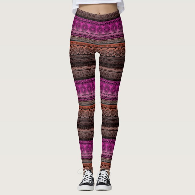 Cute Boho Print Fabric Pink Brown Orange Gradient Leggings (Front)
