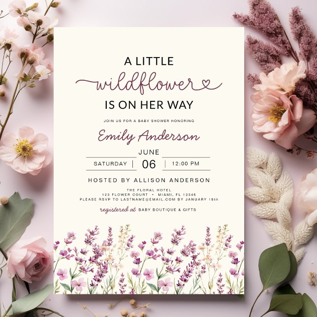 Cute Boho Purple A Little Wildflower Baby Shower Invitation (Creator Uploaded)