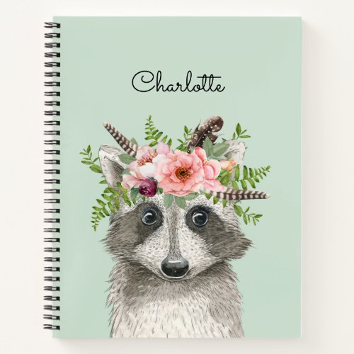 Cute Boho Raccoon with Floral and Feathers Crown Notebook