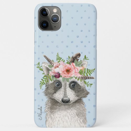 Cute Boho Raccoon with Floral Crown and Name iPhone 11 Pro Max Case
