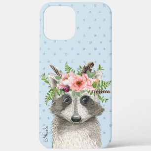 Cute Boho Raccoon with Floral Crown and Name iPhone 12 Pro Max Case