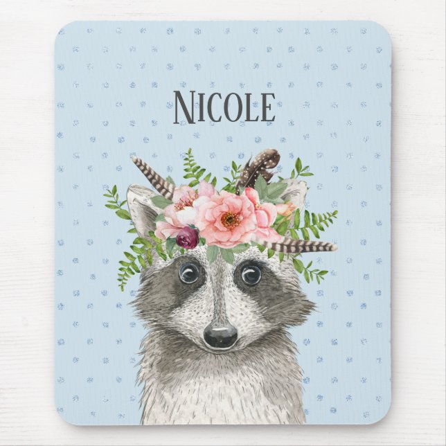 Cute Boho Raccoon with Floral Crown and Name Mouse Pad (Front)