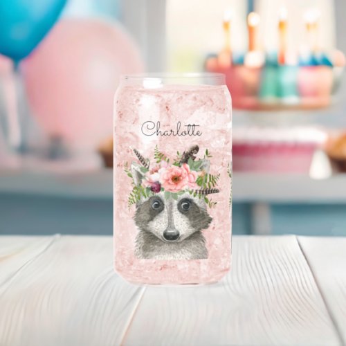 Cute Boho Raccoon with Flower and Feathers Crown Can Glass