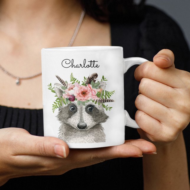 Cute Boho Raccoon with Flower and Feathers Crown Coffee Mug (Creator Uploaded)