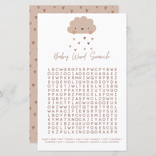 Cute Boho Rain Cloud Baby Shower Word Search Game (Front/Back)