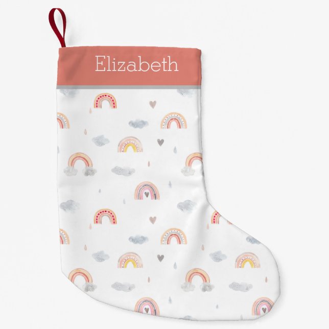 Cute Boho Rainbow and Clouds Pattern Small Christmas Stocking (Front)