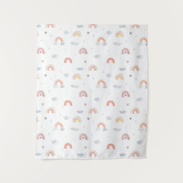 Cute Boho Rainbow and Clouds Tapestry (Front)