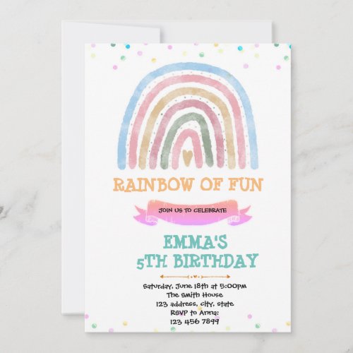 Cute boho rainbow birthday invitation