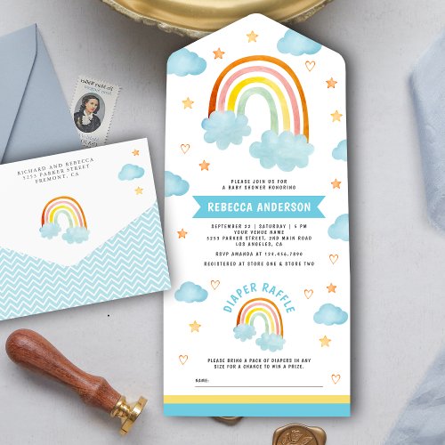 Cute Boho Rainbow Clouds Baby Shower All In One Invitation