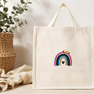 Cute Boho Rainbow Embroidered Tote Bag Natural C