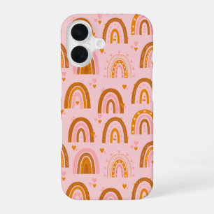 Cute Boho Rainbow Hearts Pattern in Pink Orange iPhone 16 Case