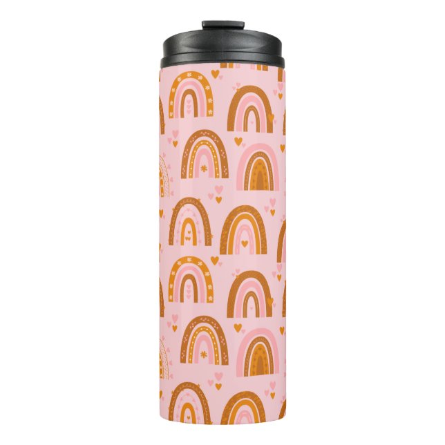 Cute Boho Rainbow Hearts Pattern in Pink Orange Thermal Tumbler (Front)