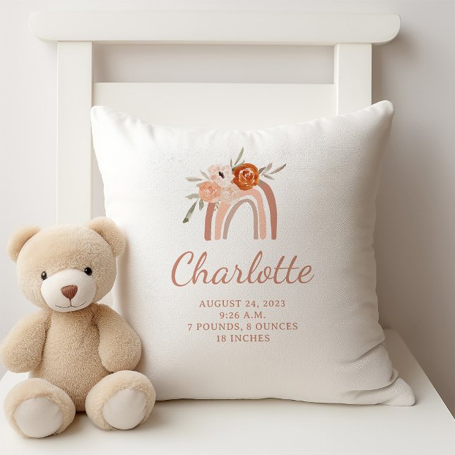 Cute Boho Rainbow | Newborn Baby Birth Stats Throw Pillow (A cute, boho baby birth stats pillow with a terracotta rainbow and flowers)