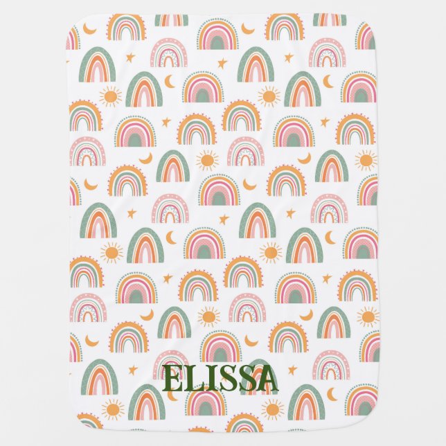Cute Boho Rainbow Pattern Name Personalized Baby Blanket (Front)