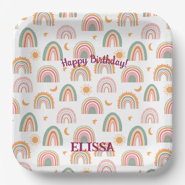 Cute Boho Rainbow Pattern Name Personalized Paper Plates (Front)