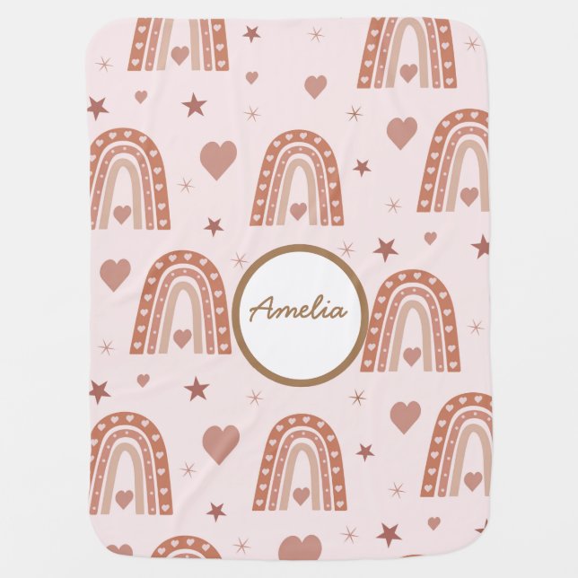 Cute boho rainbow pattern with hearts name  baby blanket (Front)