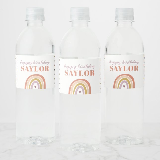 Cute Boho Rainbow Peach Birthday Water Bottle Label (Bottles)