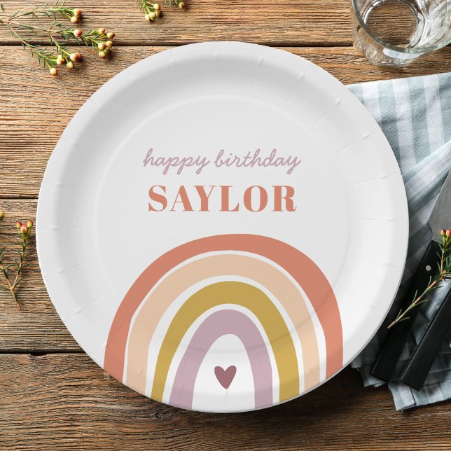 Cute Boho Rainbow Peach Blush Birthday Paper Plates (Creator Uploaded)