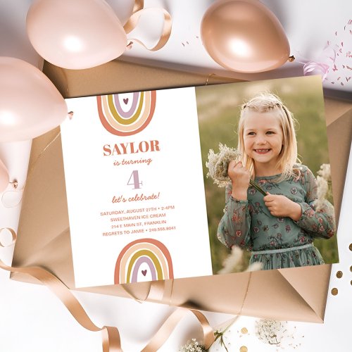 Cute Boho Rainbow Peach Photo Birthday Invitation