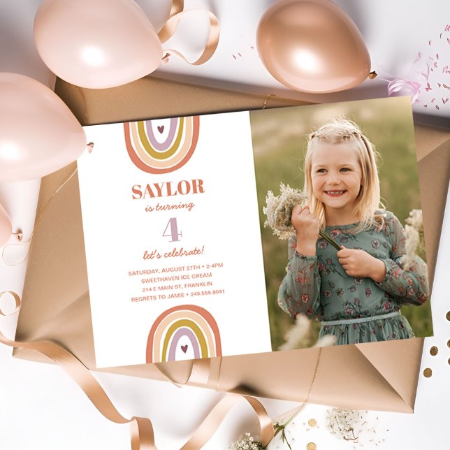 Cute Boho Rainbow Peach Photo Birthday Invitation (Creator Uploaded)