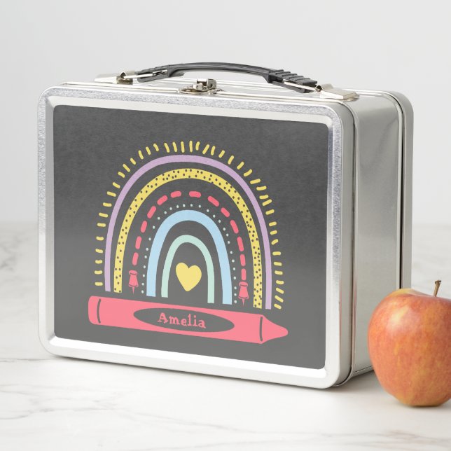 Cute Boho Rainbow Personalized Kids Name Metal Lunch Box (In Situ)