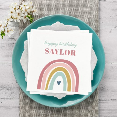 Cute Boho Rainbow Pink Birthday Napkins