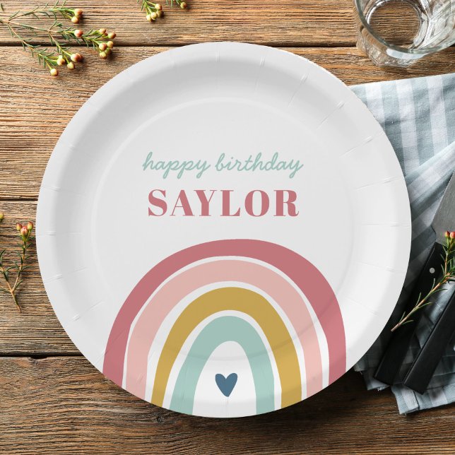 Cute Boho Rainbow Pink Birthday Paper Plates (Creator Uploaded)