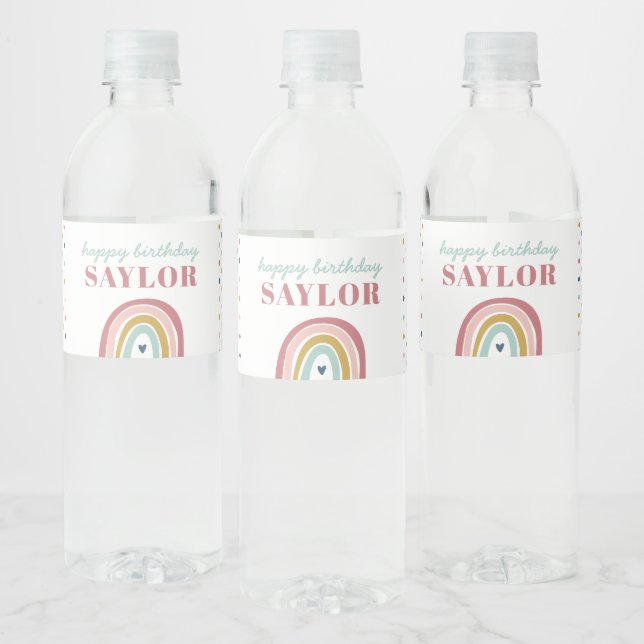 Cute Boho Rainbow Pink Birthday Water Bottle Label (Bottles)