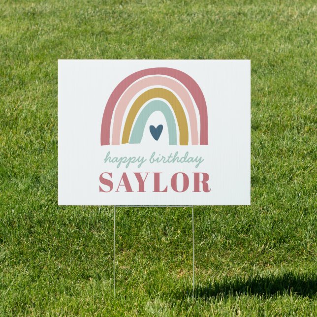 Cute Boho Rainbow Pink Birthday Yard Sign (Insitu)