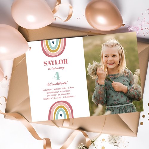 Cute Boho Rainbow Pink Photo Birthday Invitation