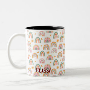 Cute Boho Rainbow Seamless Pattern Custom Name Two-Tone Coffee Mug